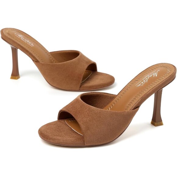 Women's Brown Suede Round Toe Heels With Bow Vintage Mules Sexy Slip on Stiletto - Picture 4 of 9